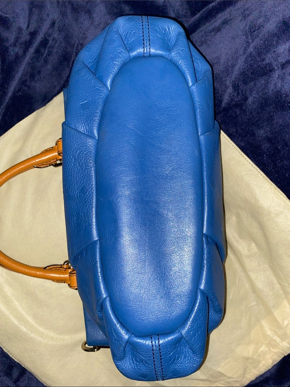 MCM Visetos Logogramme Blue Leather Satchel with Tan Handles and Gold Hardware - Picture 14 of 14